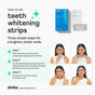 Zimba Whitening Strips instructional graphic shows the box, strips, and a woman demonstrating three steps: open, apply a strip, reveal a whiter smile. Each step is explained with text for easy use.