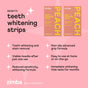 Pink graphic featuring two Zimba Whitening Strips boxes (Peach flavor) highlighting benefits: whiter teeth, reduced sensitivity, stain removal, non-slip grip, and fast visible results.