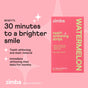 A promotional image for Zimba Whitening Strips shows the pink box on the right and text on the left highlighting benefits like a brighter smile in 30 minutes and effective stain removal for whiter teeth.