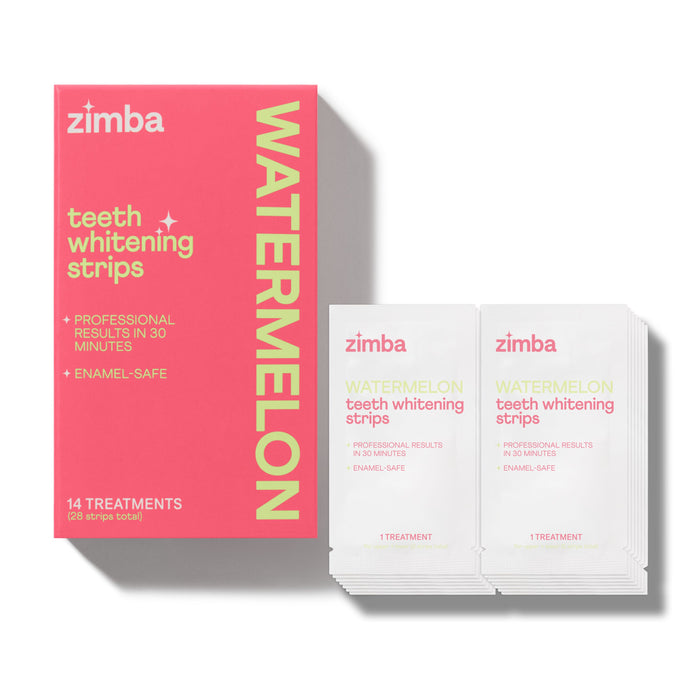 A pink and yellow box of Zimba Whitening Strips is shown beside several packets. Each box offers 14 enamel-safe treatments for whiter teeth with professional results in just 30 minutes.