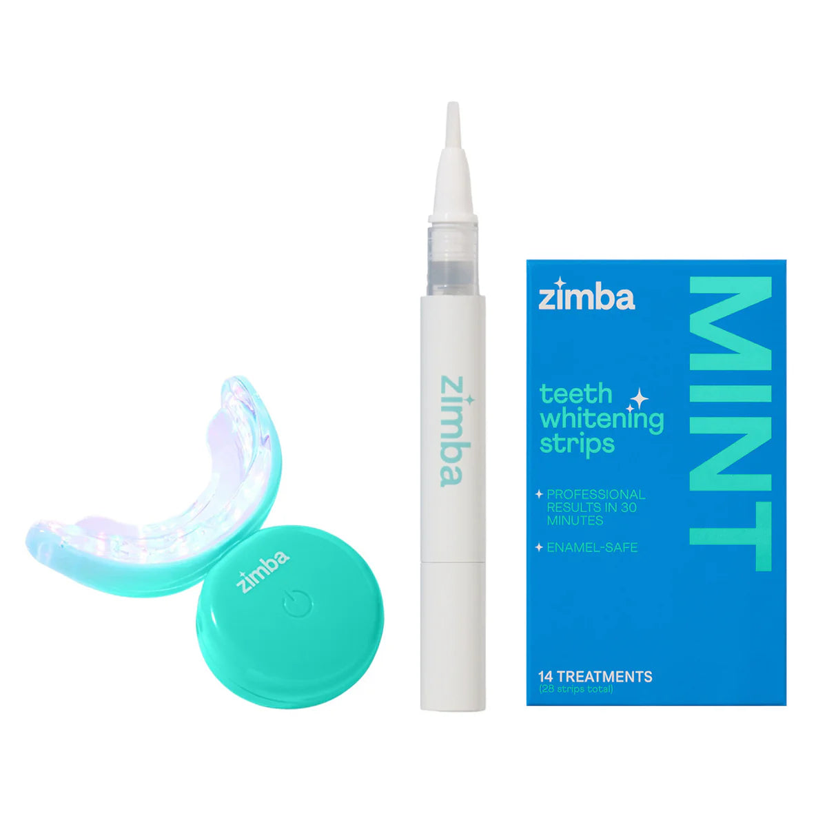 The Zimba Ultimate Whitening Kit includes a mint LED mouthpiece, a round carrying case, a whitening pen, and a box of Mint Teeth Whitening Strips with 14 treatments.
