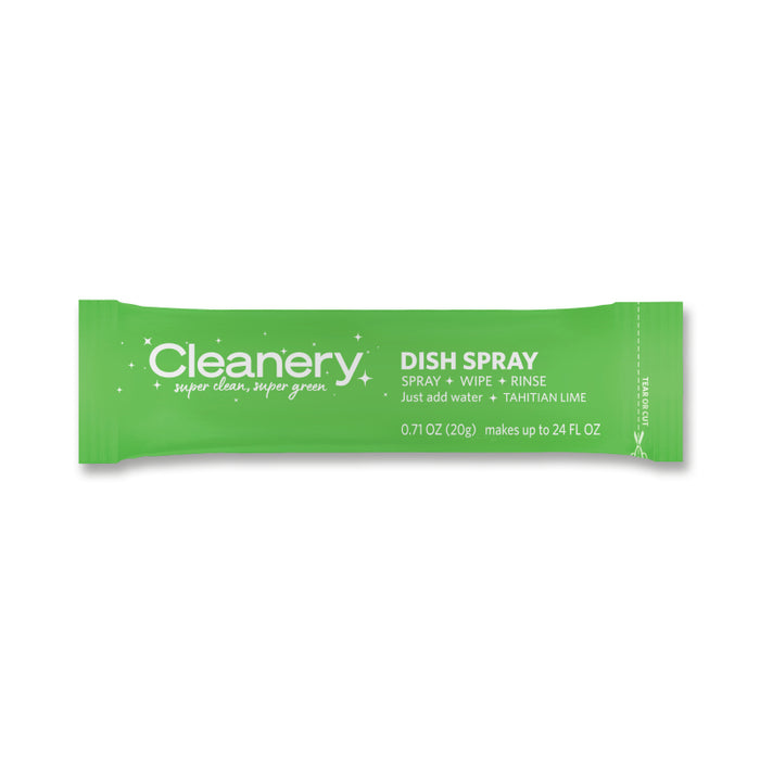 A green packet labeled Cleanery Dish Spray with text indicating it is a spray for dishes in a Tahitian Lime scent, makes up to 24 fl oz, and instructions to just add water.