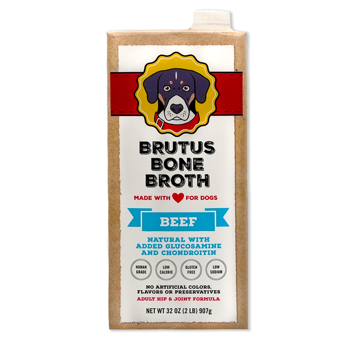A carton of Brutus Bone Broth for dogs, beef flavor. The packaging features an illustration of a dog and notes its natural with added glucosamine and chondroitin, and free from artificial colors, flavors, or preservatives.