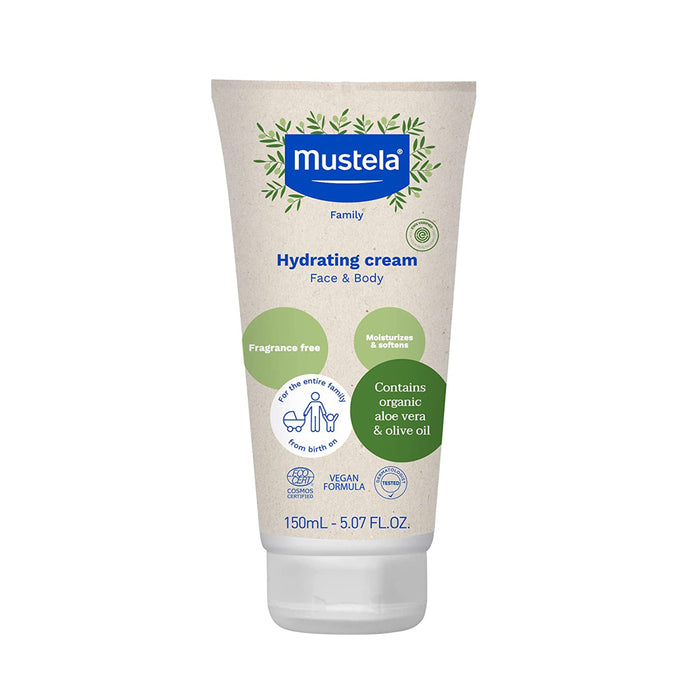 A tube of Mustela Family Hydrating Cream for face and body, 150mL size. The packaging highlights that it is fragrance free, contains organic aloe vera and olive oil, and is a vegan formula suitable for all ages.