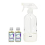 A transparent spray bottle with MULTI stands alongside two Grove Co. Multi-Purpose Cleaner Starter Set concentrate bottles, adorned with purple and blue accents. Made with sustainable packaging, these plant-based cleaners offer a refreshing lavender and thyme scent for eco-friendly cleaning.