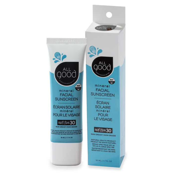 A tube and box of All Good Mineral Facial Sunscreen SPF 30, labeled as non-greasy, unscented, and suitable for the face. The packaging is primarily white and light blue with black text.