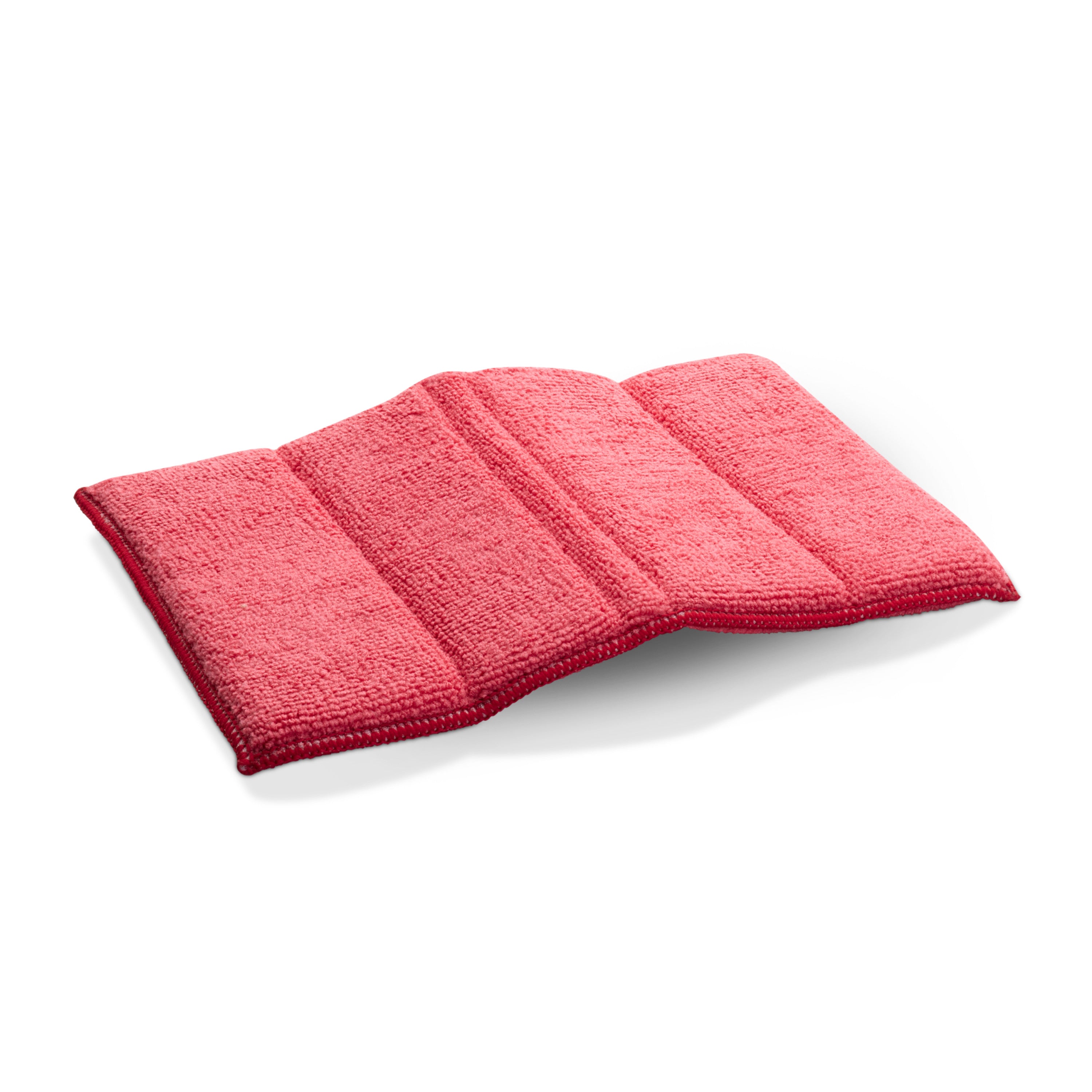 A folded E-Cloth Cleaning Pad with three visible panels lies on a white background; this red microfiber pad excels in streak-free, extra-absorbent cleaning.