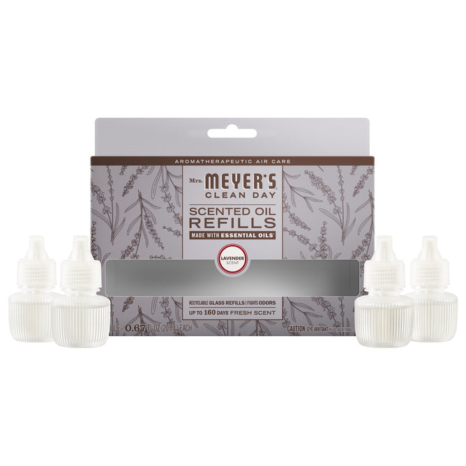 A 4-pack of Mrs. Meyer’s Scented Oil Refills in lavender scent comes in a lavender-patterned box, filling your diffuser with garden-inspired fragrance. Product details are displayed on the front.
