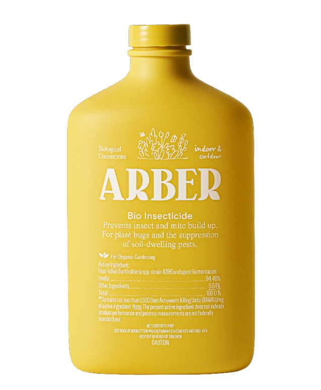 A yellow bottle labeled ARBER Bio Insecticide for indoor and outdoor plant use. The text highlights its use against insects, mites, and soil-dwelling pests, and features details for organic gardening.