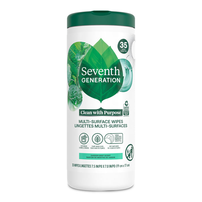 A container of Seventh Generation Multi-Surface Wipes, featuring a green leaf design and text indicating 35 wipes per pack, lemon garden scent, and the phrase Clean with Purpose on the white label.