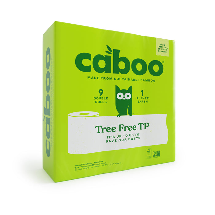 A green box of Caboo bamboo toilet paper, featuring an owl illustration, text Tree Free TP, and details stating it contains 9 double rolls, is tree-free, and made from sustainable bamboo.