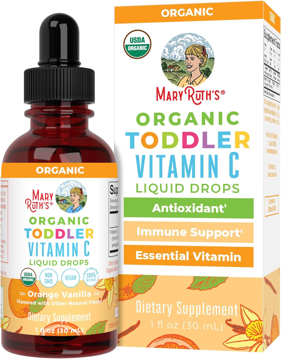 The product image shows a 1 fl oz (30 mL) bottle of MaryRuths Toddler Vitamin C Drops beside its box, emphasizing benefits like antioxidant and immune support for toddlers. With a delicious orange vanilla flavor, this USDA organic vitamin provides essential nutrients.