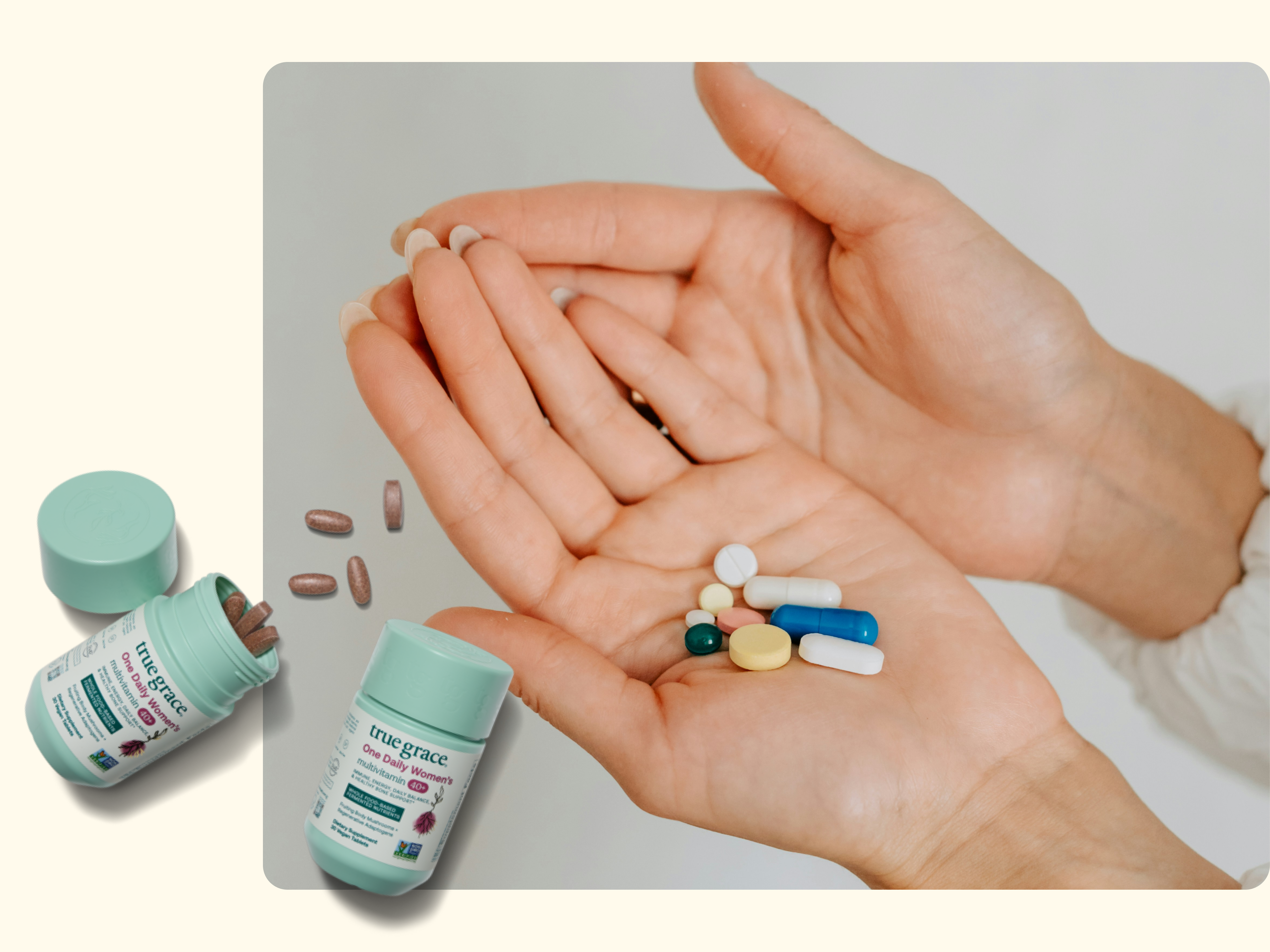 A person holds various colorful pills in one hand while the other hand is open. Two opened supplement containers labeled true grace and several loose capsules are beside the hands on a light background.