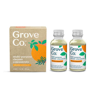 Two 1 fl oz bottles of Grove Co. Multi-Purpose Cleaner Concentrate, made with bio-based ingredients and recyclable glass packaging, are beside a box featuring orange and rosemary graphics for a fresh scent, all neatly packed in a convenient 2-pack.