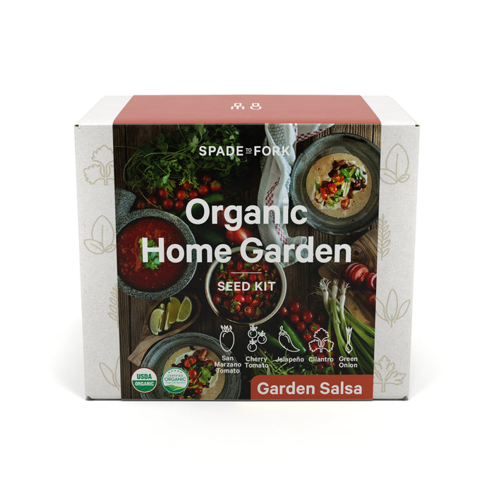 Box of Spade to Fork Organic Home Garden Seed Kit for Garden Salsa, showing images of salsa, ingredients, and icons for San Marzano tomato, cherry tomato, jalapeño, cilantro, and green onion.
