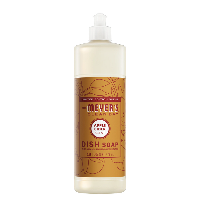 A bottle of Mrs. Meyer's Dish Soap in Apple Cider scent features a natural degreaser, brown and orange floral label, white flip-top cap, and a "Limited Edition Scent" note at the top.