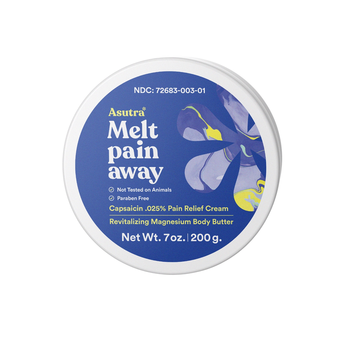 A round container of Asutra Melt Pain Away body butter with a blue and white label featuring flower artwork. Text highlights capsaicin pain relief cream, magnesium, and notes it is paraben-free and not tested on animals.