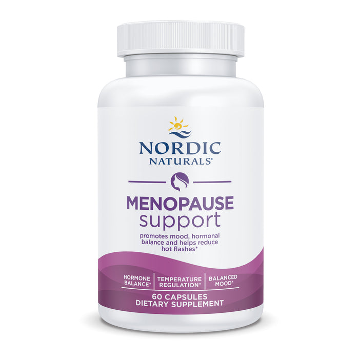 A white bottle of Nordic Naturals Menopause Support dietary supplement, featuring purple and blue text and graphics. The label highlights benefits such as hormone balance, temperature regulation, and balanced mood.