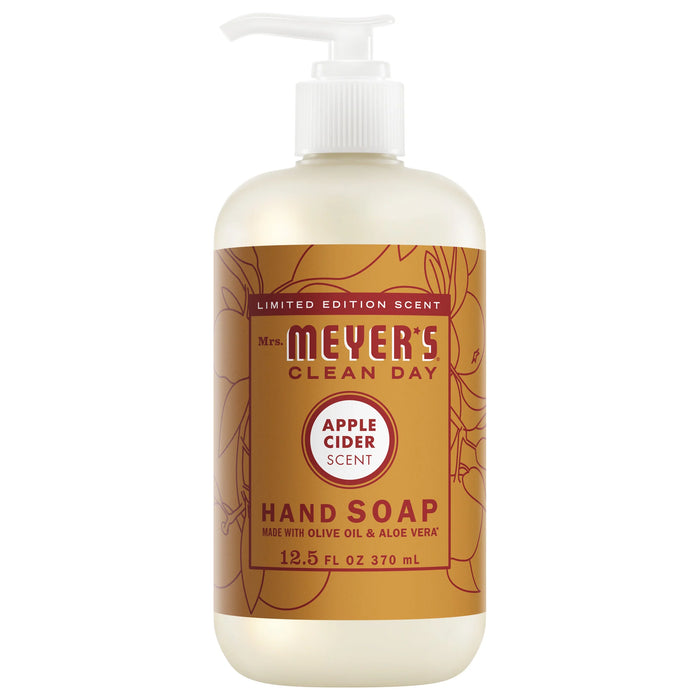 Mrs. Meyer's Hand Soap, limited edition Apple Cider scent, features olive oil, aloe vera, and essential oils in a 12.5 fl oz (370 mL) pump bottle.
