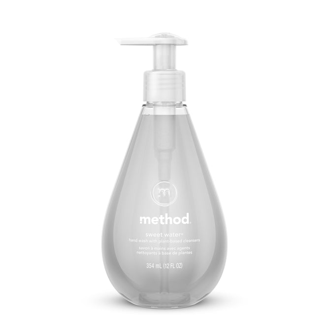 A clear 354 ml bottle of method Gel Hand Soap Starter Set in Sweet Water scent features a white pump dispenser. The label notes plant-based cleansers and suitability for refilling.