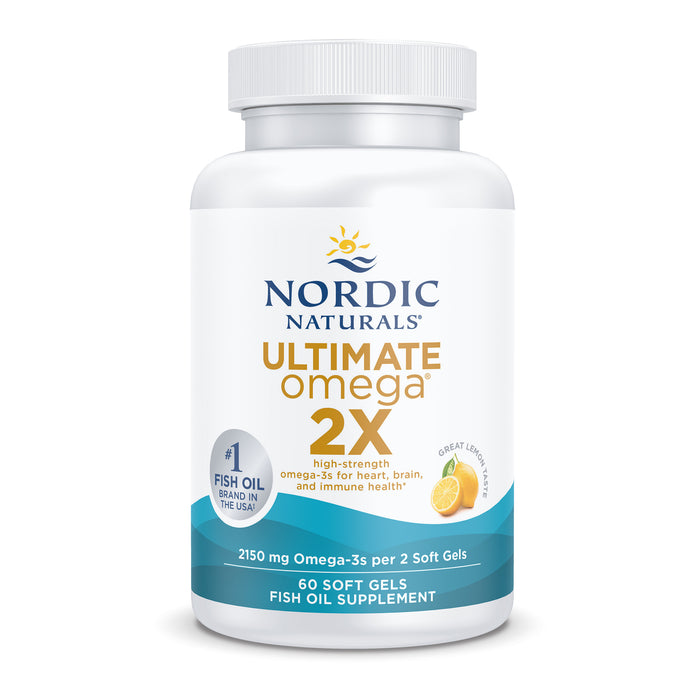 A white bottle of Nordic Naturals Ultimate Omega 2X fish oil supplement, featuring a lemon graphic, blue and gold text, and details about 2150 mg Omega-3s per two soft gels, with 60 soft gels per bottle.