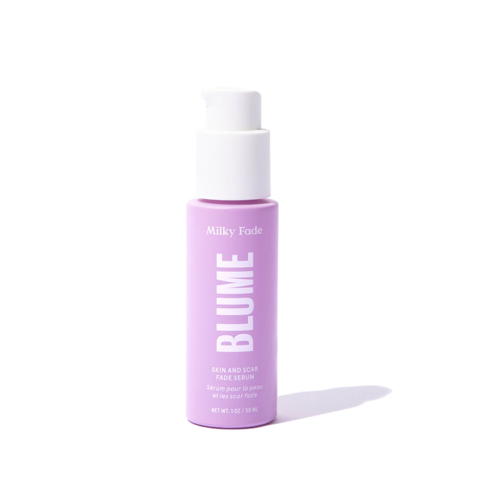 A light purple bottle of BLUME Milky Fade Skin and Scar Fade Serum with a white pump dispenser, standing upright on a white background with a faint shadow.