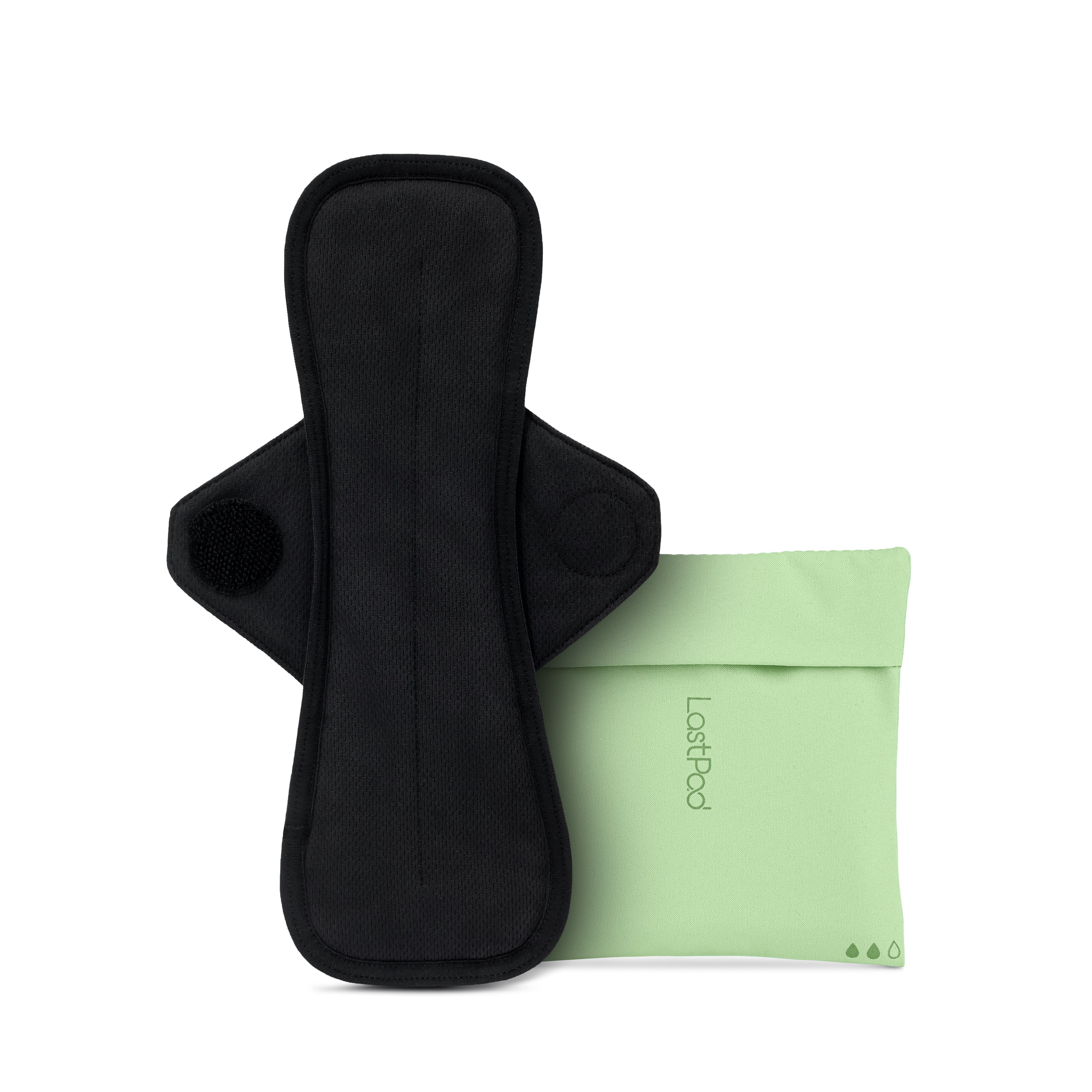A black LastPad by LastObject is displayed next to a light green pouch with a flap, subtle branding, and small water droplets at the bottom, hinting at the pads maximum leak protection in wet conditions.
