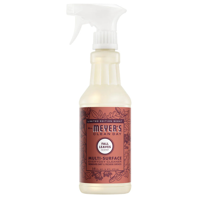 Mrs. Meyer’s Multi-Surface Cleaner in limited edition Fall Leaves scent features a reddish-brown label with leaf designs and essential oils, providing a fresh, autumn-inspired clean.