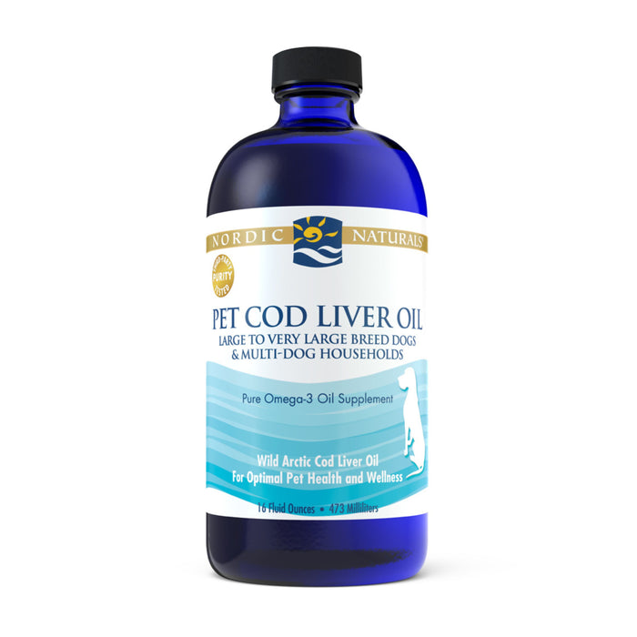 A blue bottle of Nordic Naturals Pet Cod Liver Oil with a white label, designed for large or multi-dog households. The label highlights omega-3 oil, wild Arctic cod liver oil, and states the bottle contains 16 fluid ounces (473 ml).