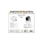 Back of a Giggly Boo Size 1 diaper box showing product features, a photo of a woman holding a baby, size and fit information, icons, and colorful diaper designs on the box top. Text describes the brand and benefits.