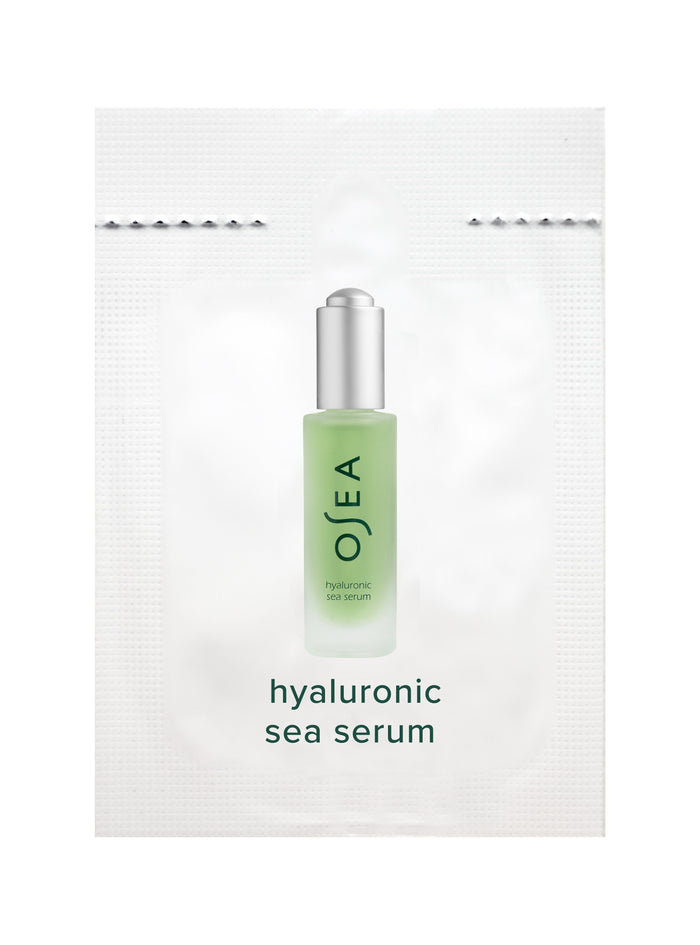 A sample packet of OSEA hyaluronic sea serum, featuring a small green bottle with a silver cap against a white background. The product name appears below the bottle on the packet.