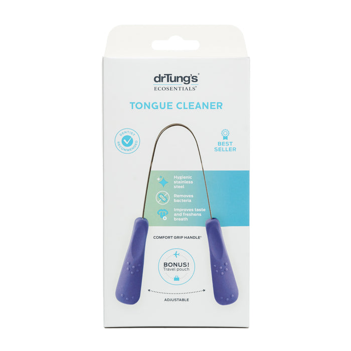 A box of Dr. Tung’s Eco Essentials Tongue Cleaner featuring a hygienic stainless steel U-shaped cleaner with purple handles. The packaging highlights benefits like removing bacteria and improving breath, and includes a bonus travel pouch.