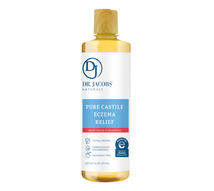 A bottle of Dr. Jacobs Naturals Pure Castile Eczema Relief Baby Wash & Shampoo, featuring a wooden cap and blue and white label with product details and icons for hypoallergenic, dermatologist recommended, and fragrance free.
