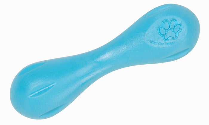 A blue, bone-shaped dog chew toy with an embossed paw print on one end, made of durable plastic material.