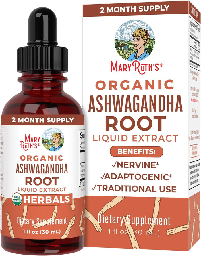 A bottle and box of MaryRuth’s Organic Ashwagandha Root Liquid Extract, labeled as a 2-month supply dietary supplement with benefits for nerves, adaptability, and traditional use. USDA organic and herbal product, 1 fl oz (30 mL).