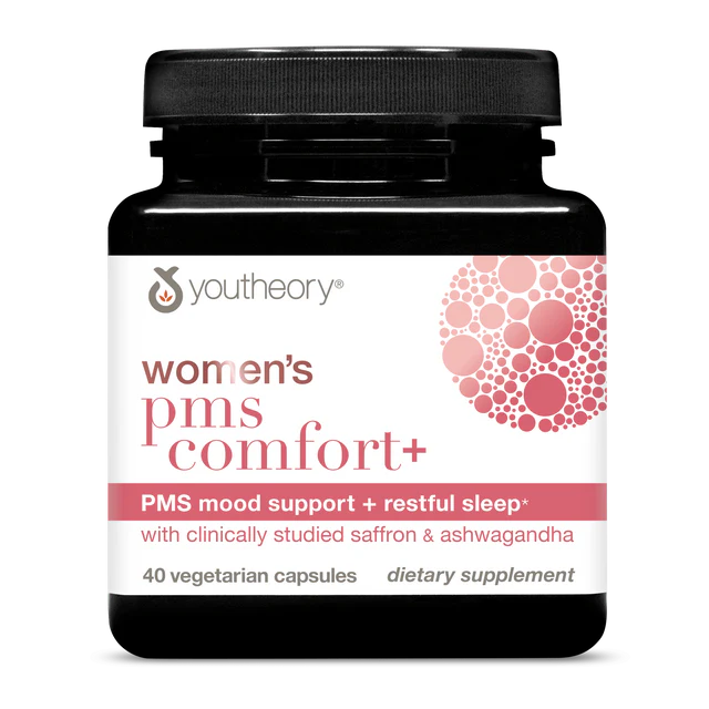Youtheory Women's PMS Comfort+ Capsules, with pink and white design, offer adaptogenic PMS support for mood balance and restful sleep using saffron and ashwagandha.