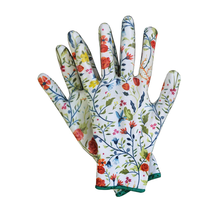 Two gardening gloves with a colorful floral pattern featuring various flowers and green leaves on a white background. The gloves are positioned overlapping each other on a plain white surface.