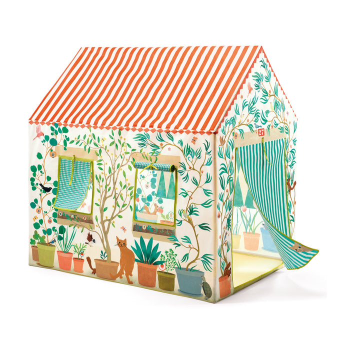 A colorful playhouse tent with orange-and-white striped roof, illustrated plants, trees, and animals on the walls, striped curtains, and an open entrance on a white background.