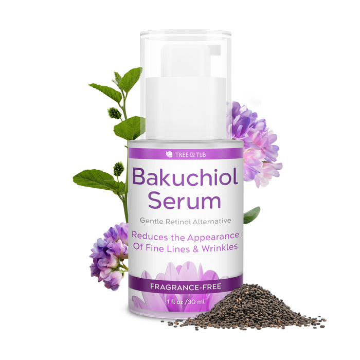 A bottle of Tree to Tub Bakuchiol Serum with purple flowers, green leaves, and a pile of small seeds around it. The label highlights its a gentle retinol alternative that reduces fine lines and wrinkles.