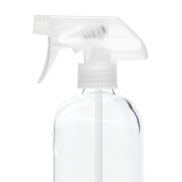 A clear plastic spray bottle with a transparent trigger nozzle, shown against a white background. The bottle is empty and the spray mechanism is visible.