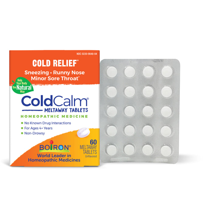 Box of ColdCalm Meltaway Tablets by Boiron for cold relief, with a blister pack of round white tablets beside it. The box highlights cold symptoms relief, no drug interactions, and suitability for ages 4+.