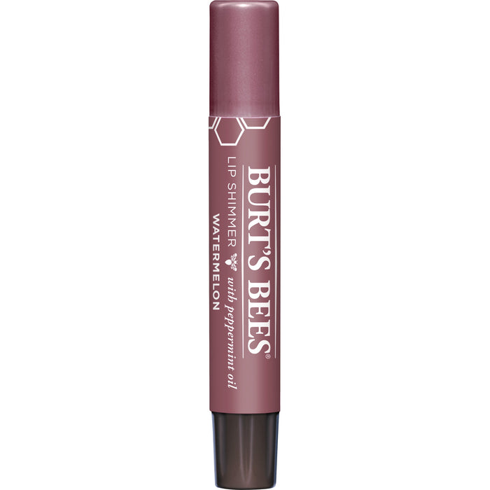 A tube of Burt’s Bees Lip Shimmer in the Watermelon shade, with a mauve cap and base. The label indicates it contains peppermint oil and features white text on a mauve background.