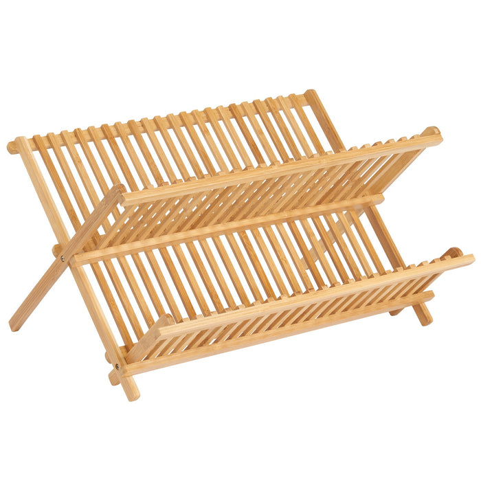 A wooden dish drying rack with two tiers, featuring slatted shelves and an X-shaped foldable design.