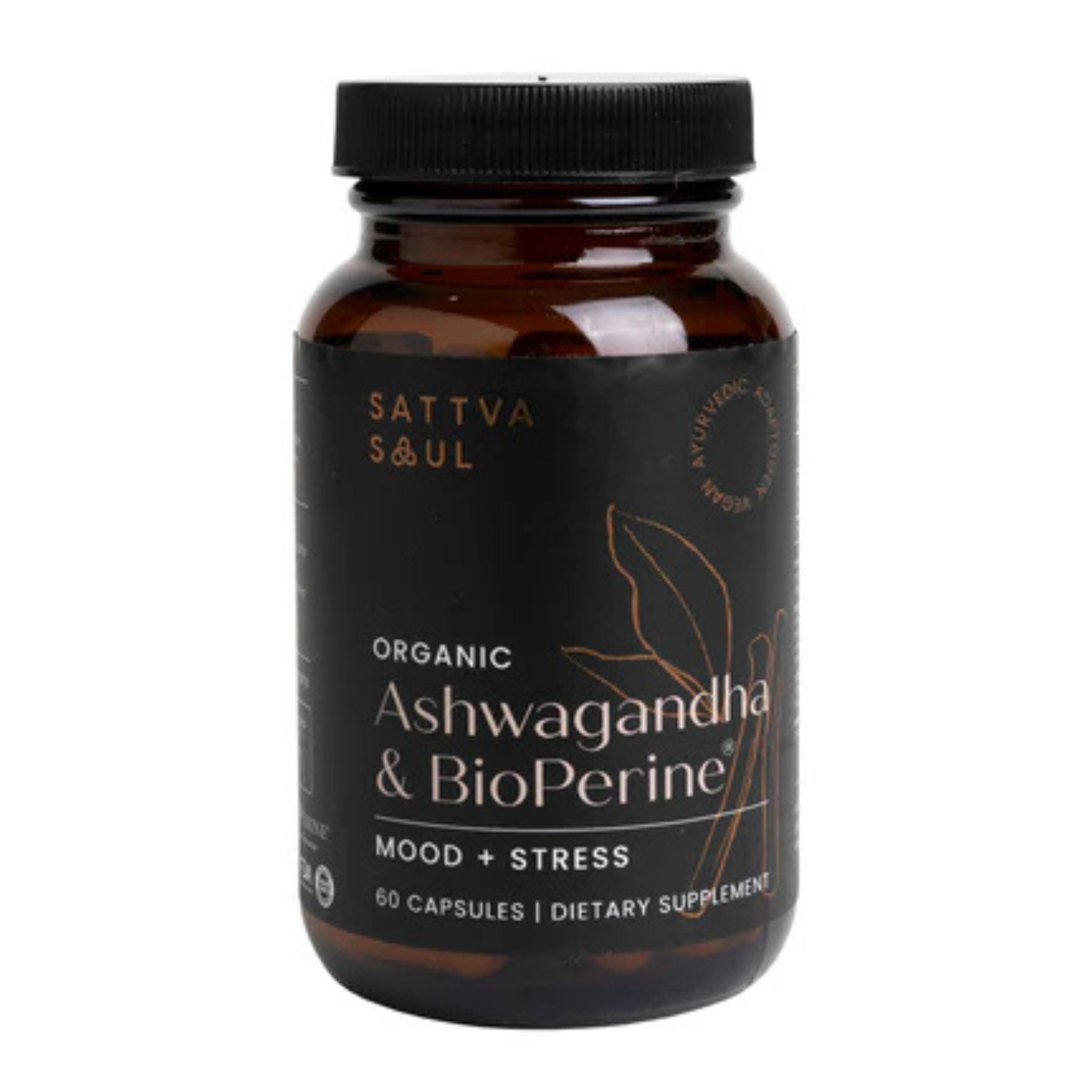 A dark brown bottle labeled Sattva Soul Organic Ashwagandha & BioPerine dietary supplement, containing 60 capsules for mood and stress support. The label also features a simple leaf illustration.