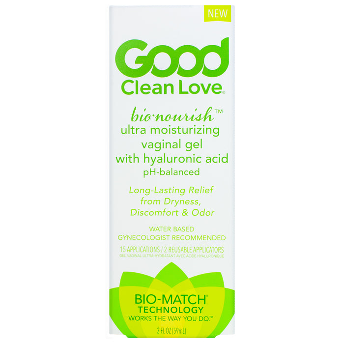 Front label of a Good Clean Love bio*nourish ultra moisturizing vaginal gel box, highlighting hyaluronic acid, pH-balance, long-lasting relief, and Bio-Match technology.