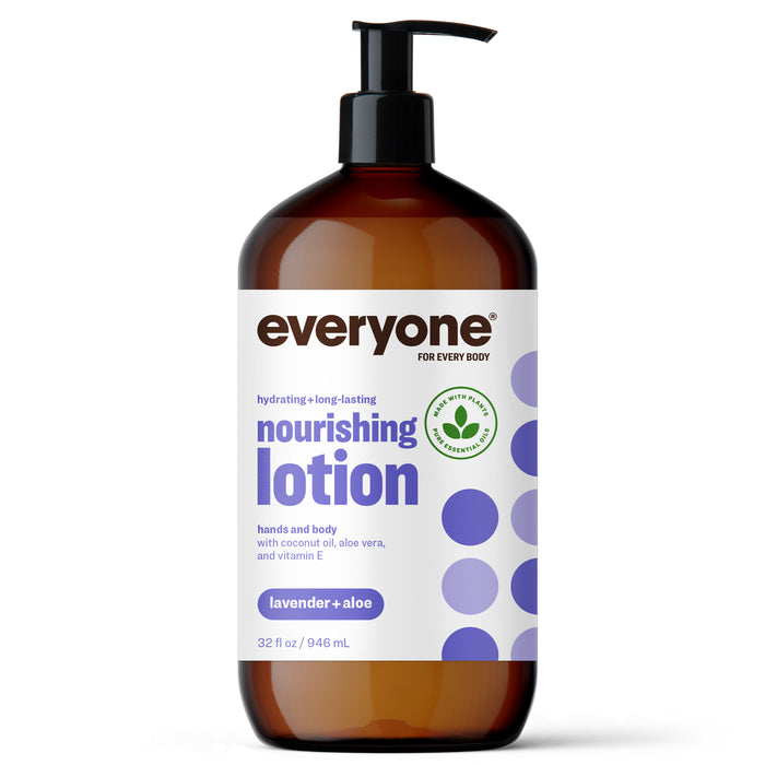 A brown pump bottle of Everyone nourishing lotion, lavender + aloe scent. The label is white with purple dots and text, and shows it is for hands and body, featuring coconut oil, aloe vera, and vitamin E. 32 fl oz size.