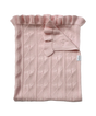 AU Baby Little Love Blanket - Peony: a light pink organic merino wool baby blanket with a heart-patterned texture and a ruffled edge.