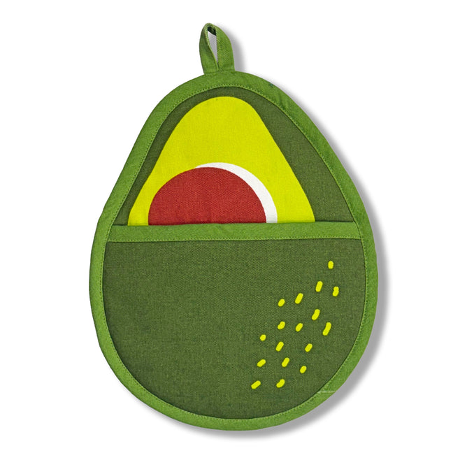 The Neighborgoods Pot Holder - Avocado is a green, cotton, avocado-shaped kitchen essential with a pocket, colorful pit design, and yellow decorative dots. Its shown isolated on a white background.