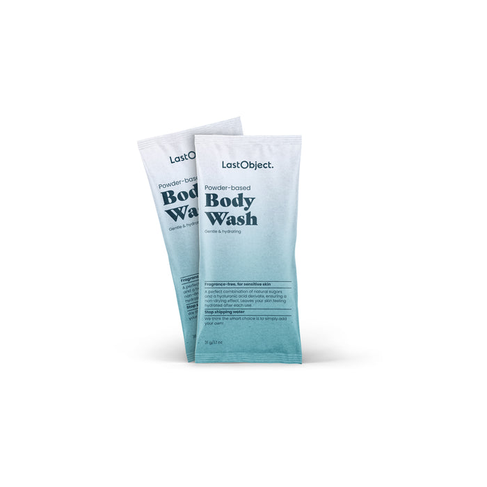 Two sachets of LastObject powder-based body wash stand against a white background. The packaging is blue and white with black text, indicating its gentle and hydrating for sensitive skin.