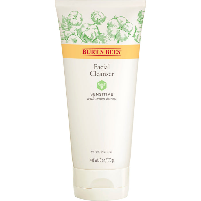 A tube of Burts Bees Facial Cleanser for sensitive skin, featuring images of cotton on the packaging and labeled as 98.9% natural. The tube is white with yellow and green accents.